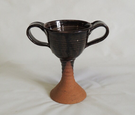 Vintage Handmade Hand Thrown Artisan Pottery Goblet Loving Cup.. 2 Handles.. Signed