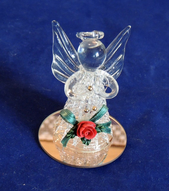 Vintage Hand Spun Blown Art Glass Angel Figurine Ornament.. Gold Accents & Mirror