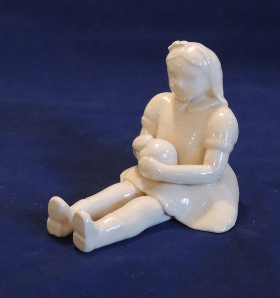Vintage Mid Century Handcrafted Pottery Figurine.. Modernist Girl With Ball