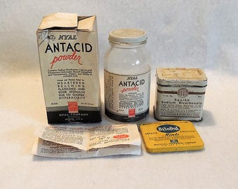 Vintage Antacid Medicine Bottle & Tins.. Nyal With Box, Squibb And BiSoDol (Lot #2)