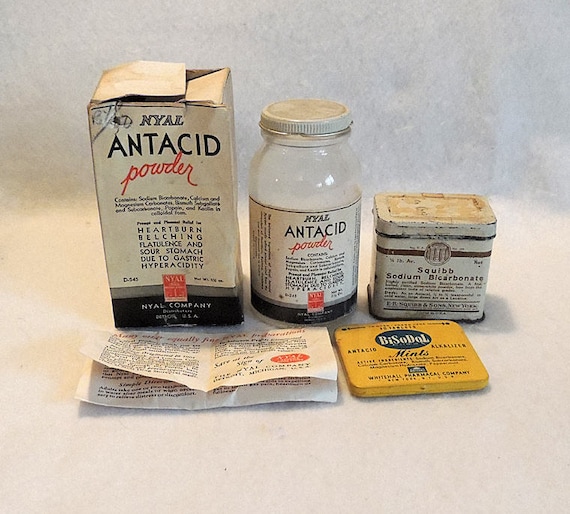 Vintage Antacid Medicine Bottle & Tins.. Nyal With Box, Squibb And BiSoDol (Lot #2)