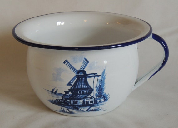 Vintage Enamel Ware Child's Chamber Pot Potty- White & Blue Windmill.. Yugoslavia