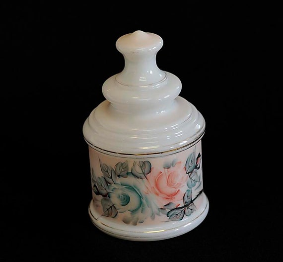 Vintage 1940's MILK GLASS Covered Canister Jar Hand Painted Green & Pink Roses