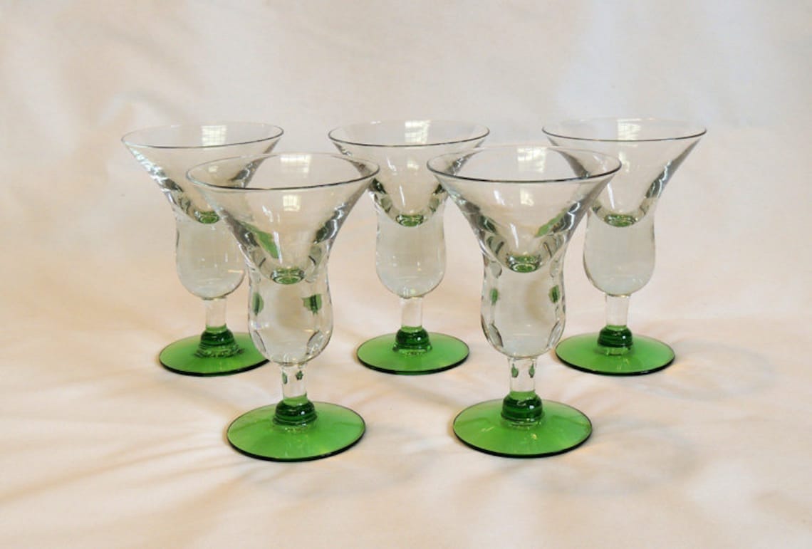 Set Of 5 Vintage Retro Green Base Martini Cocktail Glasses.. Etsy