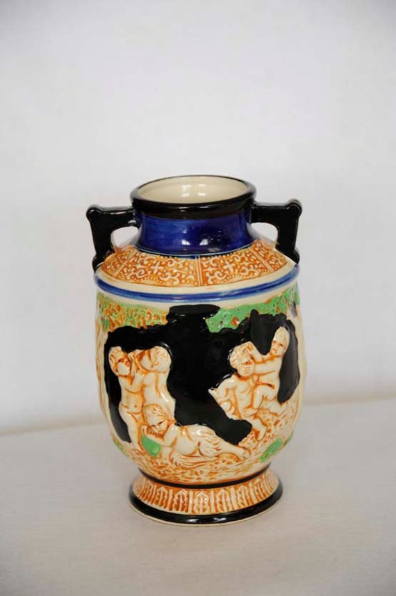 Large Vintage JAPANESE MAJOLICA Mythology Vase.. Babies, Cherubs, Fauns