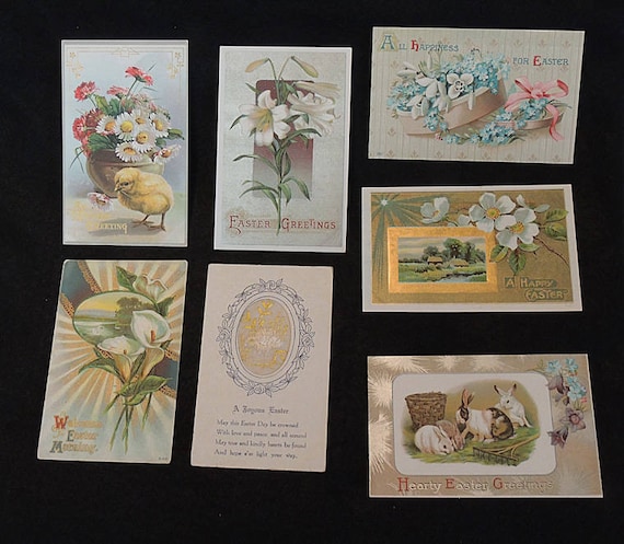 7 Vintage EASTER GREETING POSTCARD Embroidered.. Chick, Lilies, Rabbit, Unused (#2)