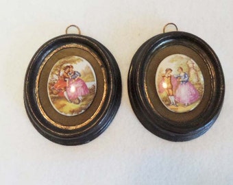 Pair Vintage Plaques, Porcelain Cabachon Romantic Scenes, Cast Metal Frames, Hollywood Regency.. Fragonard