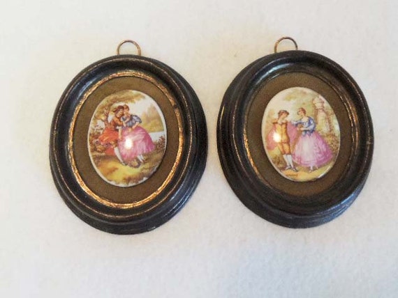 Pair Vintage Plaques, Porcelain Cabachon Romantic Scenes, Cast Metal Frames, Hollywood Regency.. Fragonard