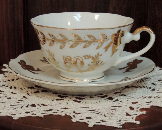 Vintage Lefton Hand Painted Cup & Saucer.. 50th Anniversary.. White W Gold Trim