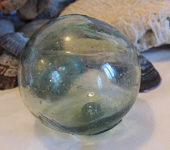 Vintage Japanese Glass Fishing Float 2.5 Inch, Bubbles, Odd Shape, Straw Marks  (#13)