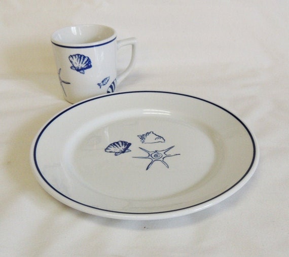 Rosanna Elliot Bay 9" Plate & Mug.. Blue Seashells On White.. Beach Decor (#4)