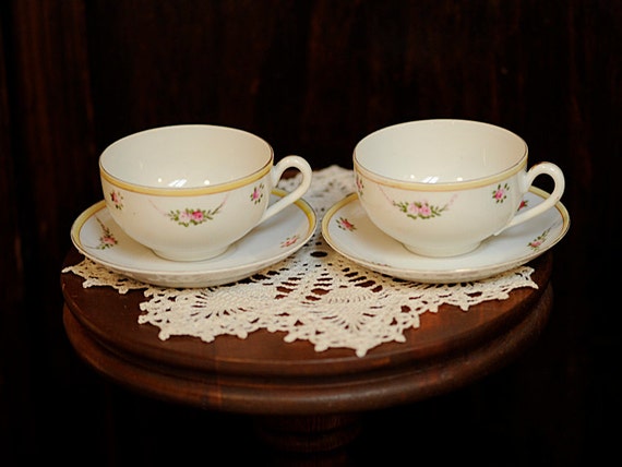 Pair Vintage Hand Painted Porcelain NORITAKE 1920s-30s Demitasse Cups & Saucers