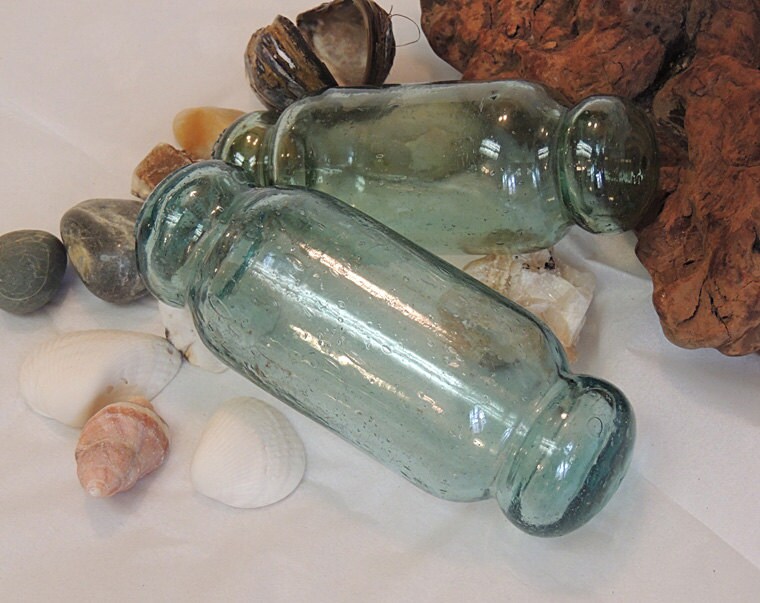 2 Unique Vintage Japanese Rolling Pin GLASS FISHING FLOATS.. 5.5 And 5 Inch Blue & Green (27)
