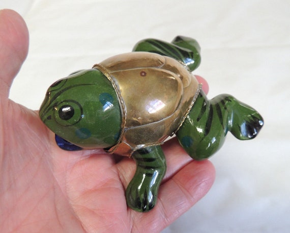 Vintage Whimsical Ceramic Frog in Brass Jacket.. Cottagecore