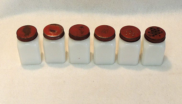 Vintage Set of 8 White Glass Spice Jars with Distressed Red Metal Lids –  Portland Revibe