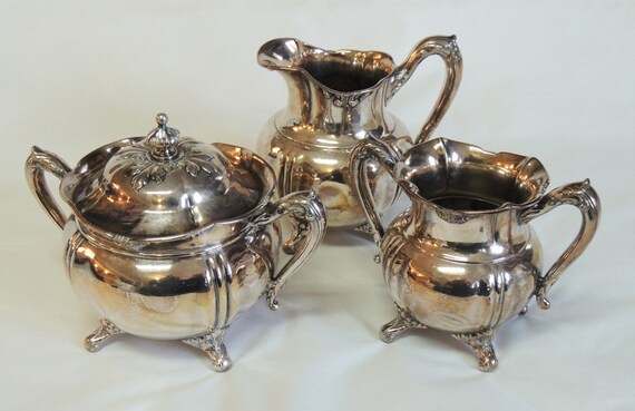 Antique 3501 Silverplate REED & BARTON Set.. Creamer, Sugar And Waste Bowl 1892