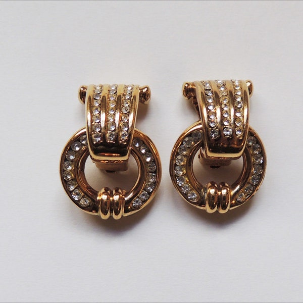 Vintage Bijoux Cascio Goldtone Encrusted Crystal Statement Clip Earrings