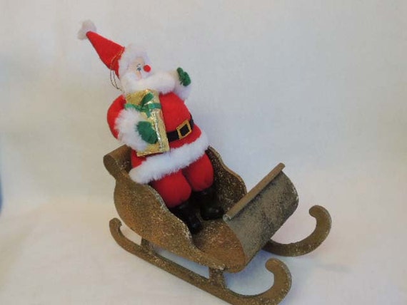 Vintage 12 Inch Felt SANTA DOLL FIGURE With Large Wood & Metal Sleigh