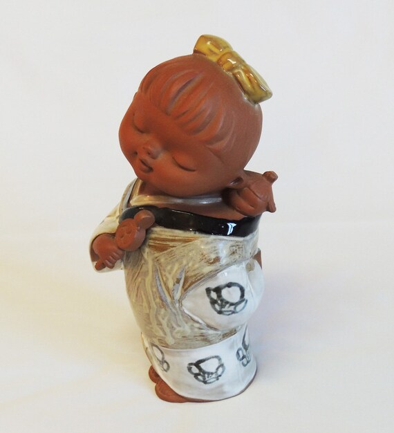 Vintage 1960s Redware Clay Pottery Girl Figurine With Baby.. Hand Painted Kimono