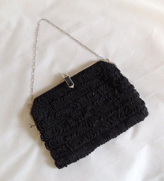 Antique Black Micro Beaded Bag Evening Purse Art Deco Metal Frame