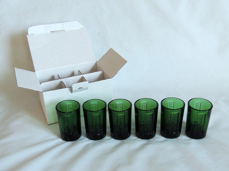 Jagermeister Green Glass Shot Glasses.. Set of 6 With Embossed Logo.. New