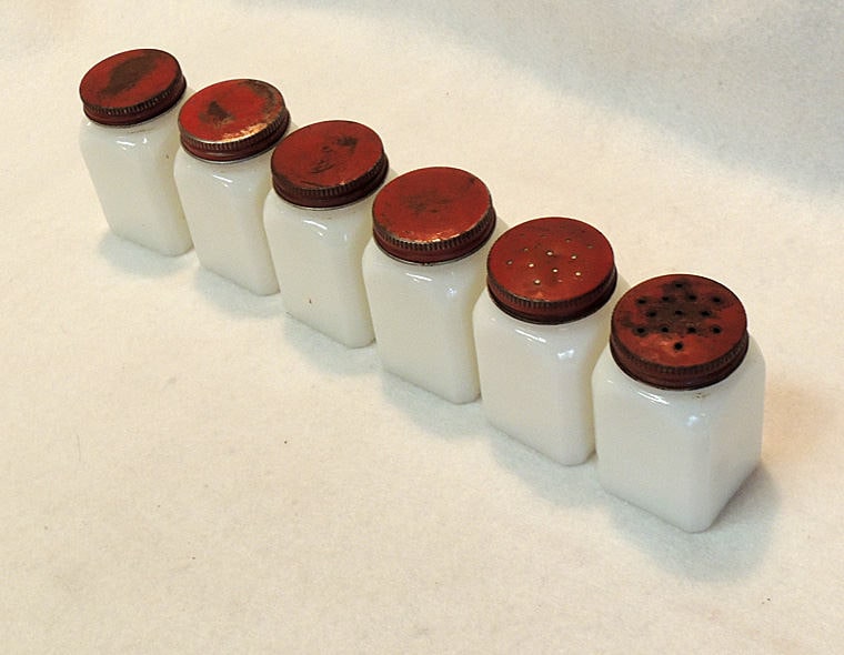Set Of 6 Vintage USA Milk Glass Spice Jars With Red Metal Screw On Lids