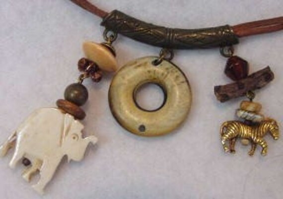 Vintage Native Tribal Style Necklace.. Elephant, Zebra, Natural Elements