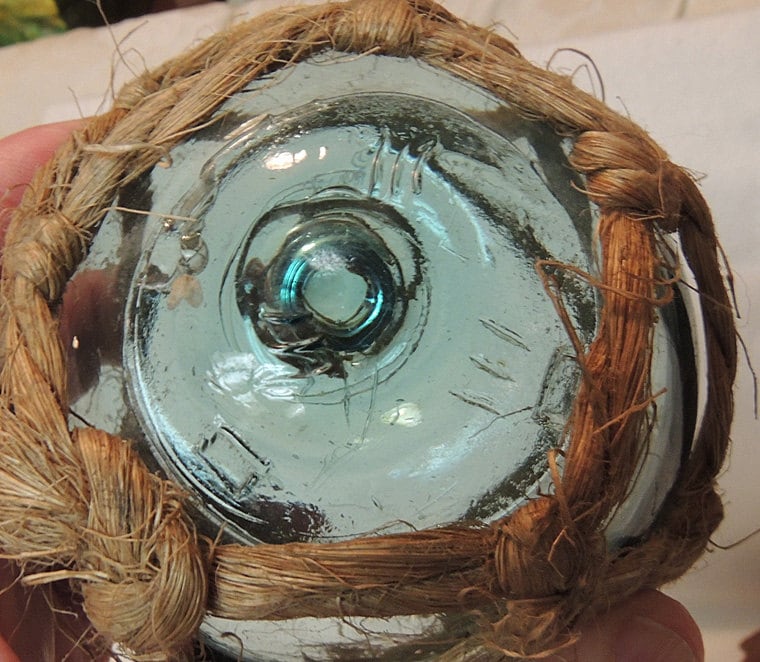 Vintage Japanese GLASS FISHING FLOAT Full Net, Makers Mark & Pale Aqua