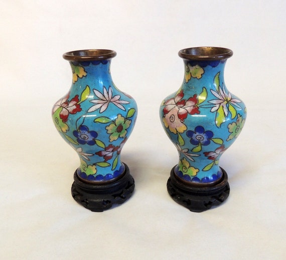 Pair Of Vintage Cloisonne Miniature Vases With Wood Stands