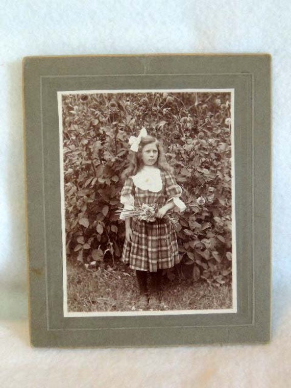 1908 Vintage CABINET PHOTO.. Grumpy Girl, Plaid Dress, Big Bow & Flowers