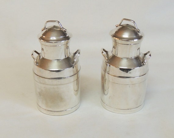 Vintage Pair Metal Silverplate 5" Milk Can Containers.. Department 56 Label