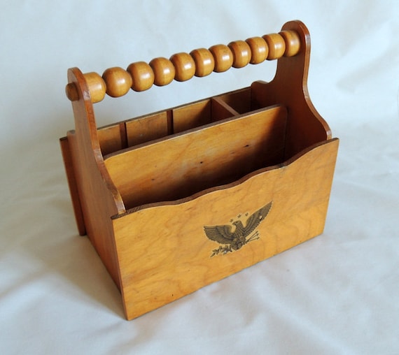 Vintage wooden Caddy / Cutlery Holder / Carrier For Miscellaneous Items