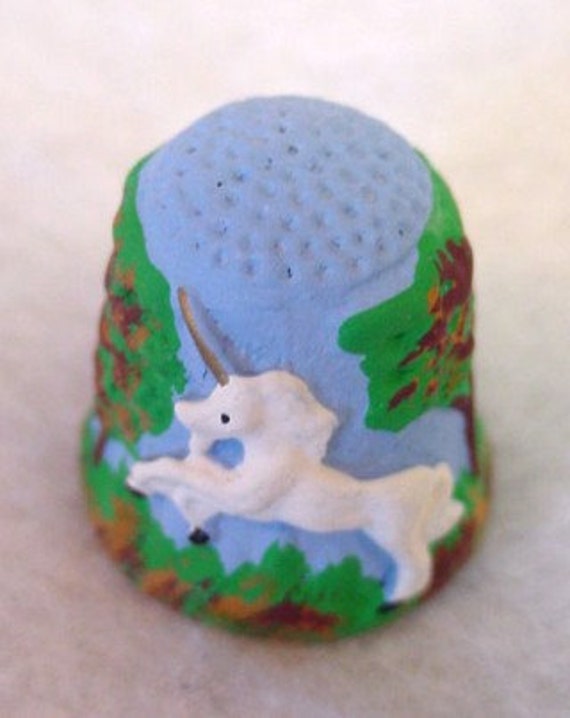 Vintage English Hand Painted Pewter Unicorn Thimble.. Artist Signed