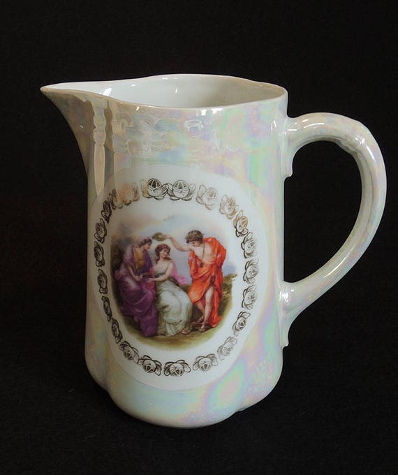 Gorgeous Antique Porcelain Portrait 7.5" Pitcher.. Pearl Luster & Romantic  Greek Scene