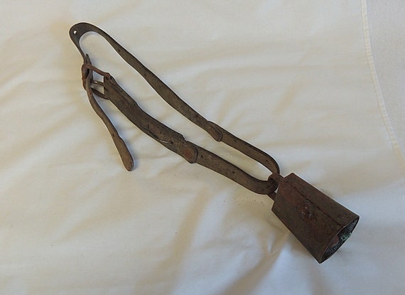 Antique Cowbell Made Of Iron With Original Leather Strap