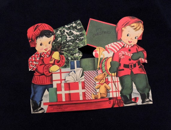 Unused.. 1940s Double Sided Die Cut Christmas Card.. Cute Boys. Tree & Gifts (#2)