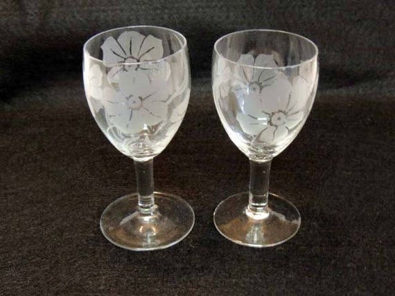 Pair Of Vintage Etched Floral Crystal WINE GOBLETS