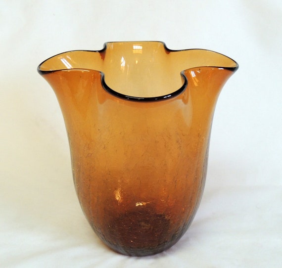 Vintage Mid Century Large Amber Blenko Art Glass 9" Tall Fluted Vase.. Crackle Glass