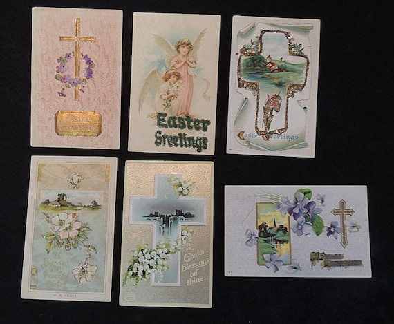 6 Vintage EASTER POSTCARDS.. Religious Cross Christian Angels, Glitter Embossed (#3)