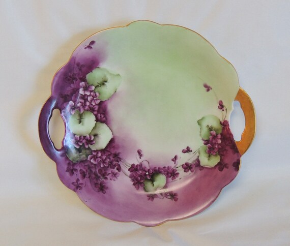 ANTIQUE LIMOGES FRANCE J G W  Hand Painted Violets Handled Plate.. Scalloped Gold Trimmed