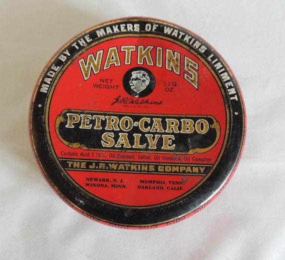 Vintage Watkins Tin.. PETRO-CARBO SALVE.. Can Is Medicine Drug Store Collectible