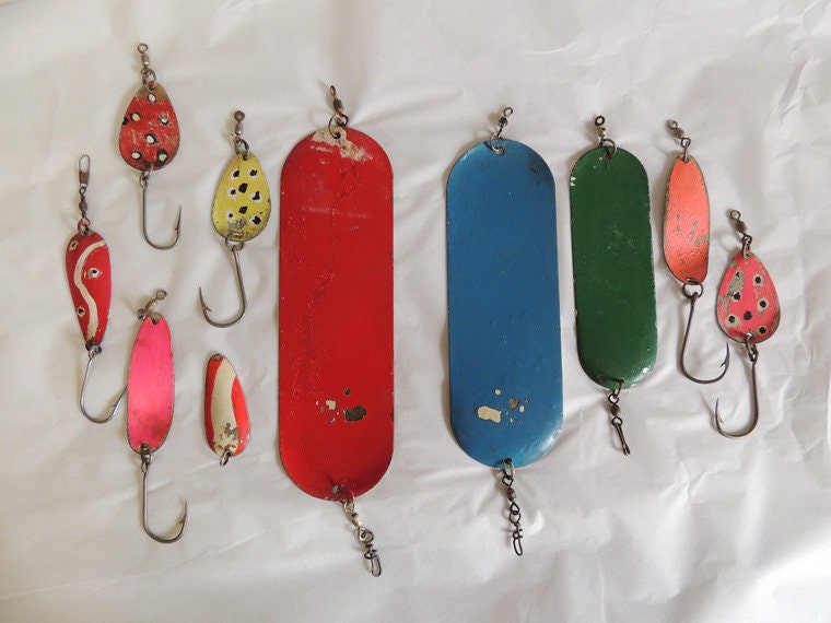 Lot Of 10 Vintage Metal Hand Painted Fishing Spoons, Spinners