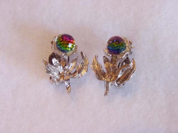 Vintage Clip Earrings In Shape of Flower... Aurora Borealus Crystal