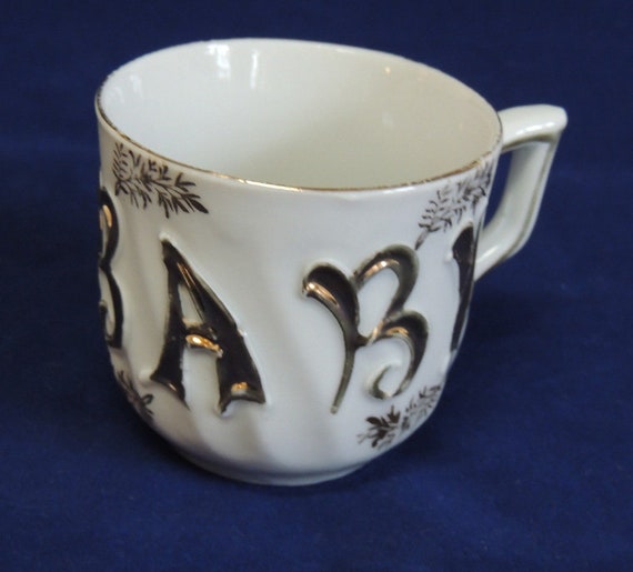 Antique Baby Cup Christening Mug.. Embossed Gold Gilt Porcelain.. Germany