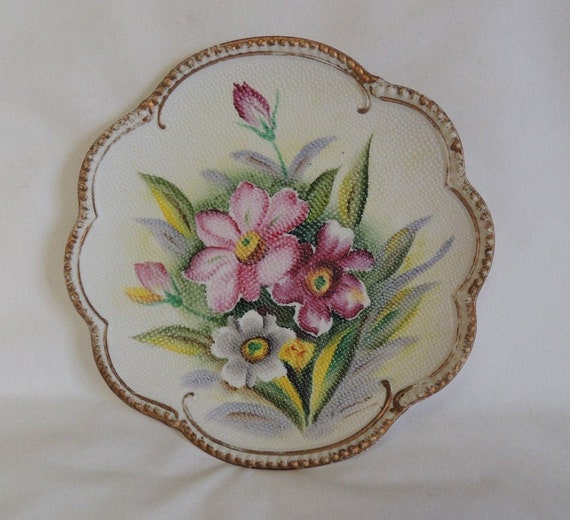 Vintage Ucagco Ceramics Hand Painted Pebbled Floral Plate / Plaque.. Beaded Edge