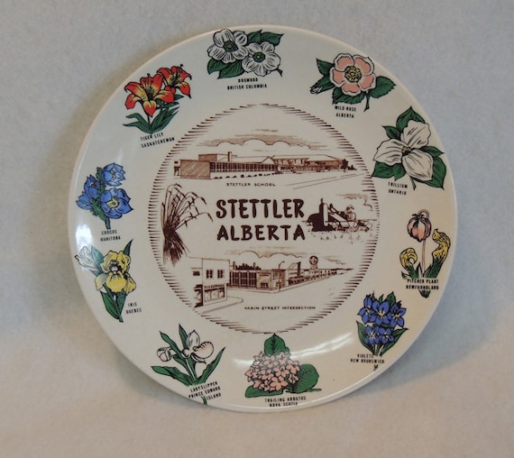 Vintage Stettler Alberta Canada Souvenir Plate..  Provincial Flowers on Border