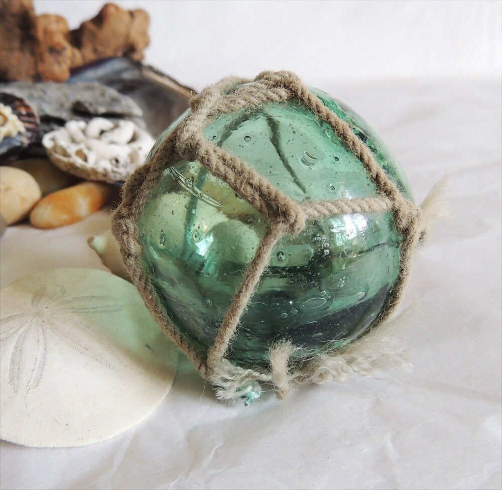 Vintage Japanese GLASS FISHING FLOAT.. Net, Emerald Green