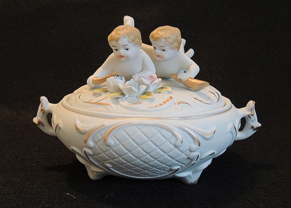 Vintage Bisque Porcelain Putti Twins Covered Bowl.. Hand Painted Cupid Dish