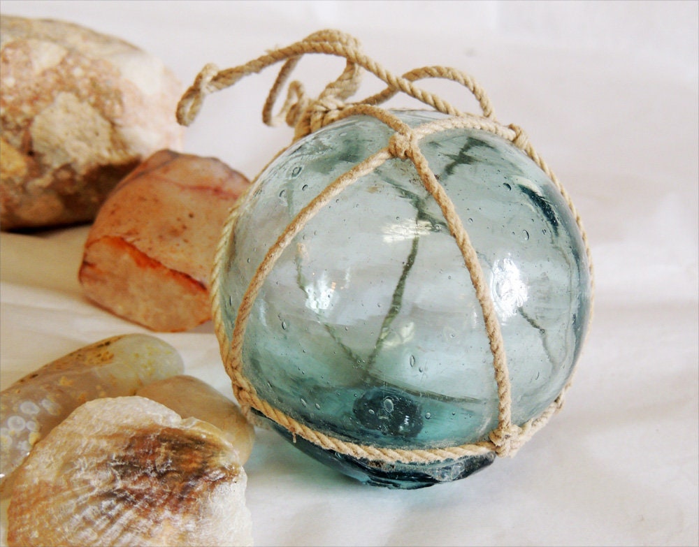 Vintage Japanese Glass Fishing Float.. Net, Sky Blue & Rare Kanji