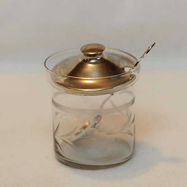 Vintage Etched Glass Mustard Jar / Jelly Jar W Lid & Johann EPNS Spoon Sweden